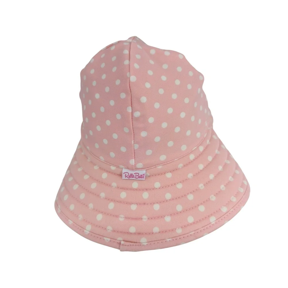 RuffleButts‎ Reversible Pink Polka Dot Stripe Sun Hat Kids Bucket Hat with Strap